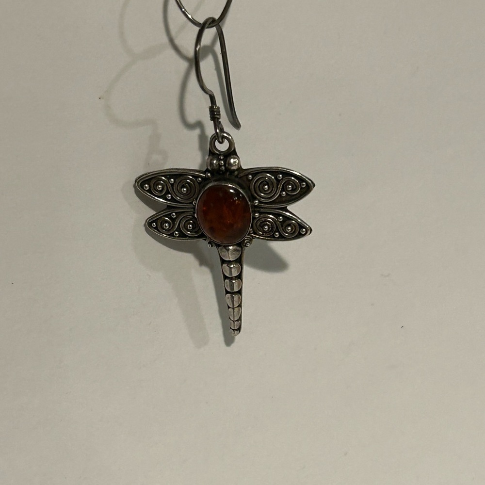 Dragonfly Silver and Amber Earrings - Picture 5 of 8